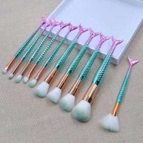 10Pcs Mermaid Makeup Brushes Fish Tail Eyebrow Face Lip Blending Green - default